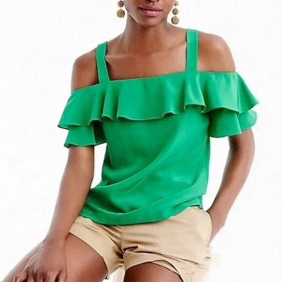 NWT J. Crew Silk Ruffled Flounce Cold Shoulder Top Blouse 12 Fresh Poppy Red - Picture 2 of 15